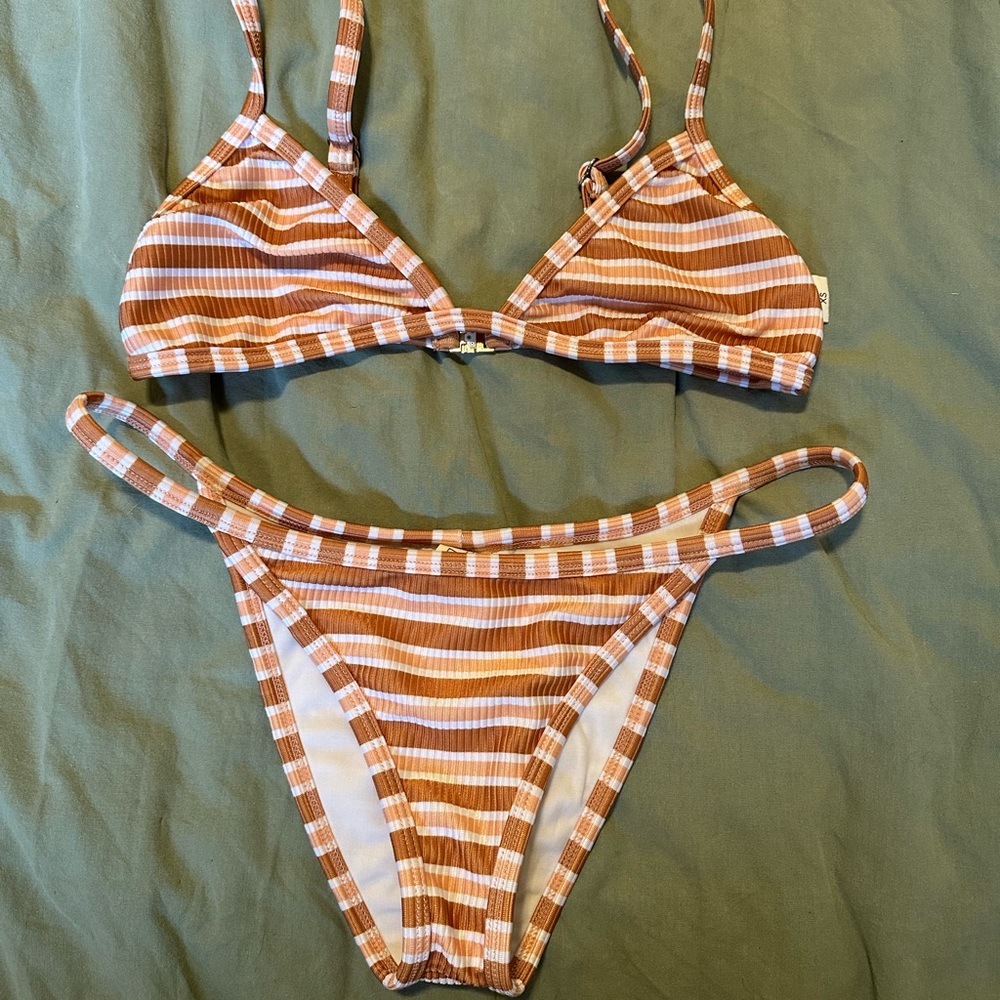 Striped Rust and White Ribbed Triangle Bikini